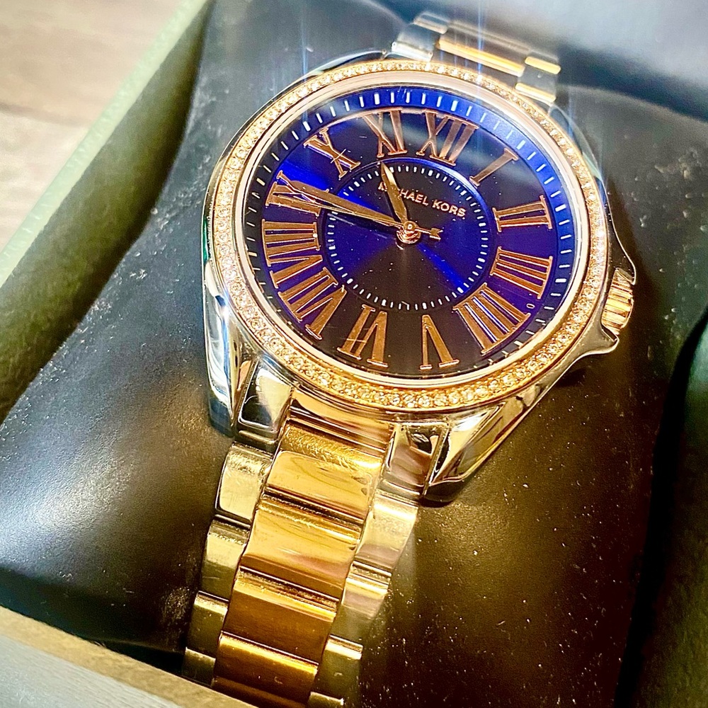 Amazing Michael Kors Blue Kacey Two Tone Sundial Timepiece.